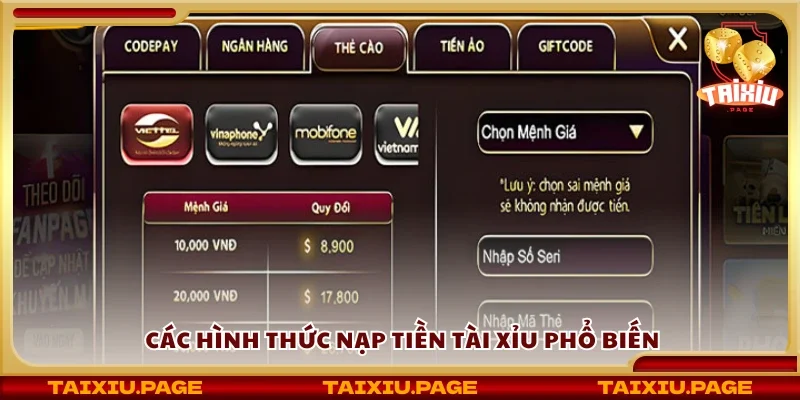 Một số hình thức nạp tiền tài xỉu phổ biến